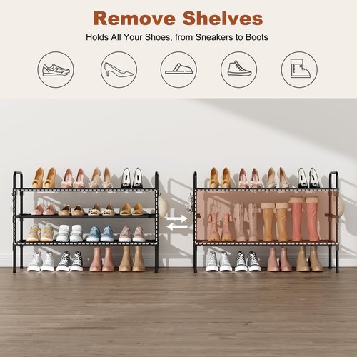 BrFoYu Long Shoe Rack for Closet, 12-16 Pairs Stackable Shoe Organizer, Shoe Shelf Storage for Sneakers & Boots Shoe Storage for Entryway Dorm Garage, Black, with 5 Hooks