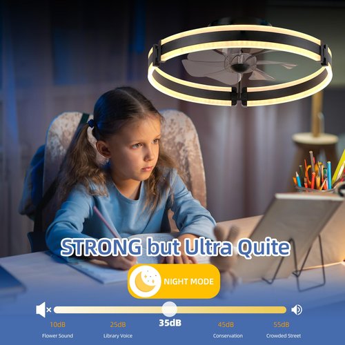 BAYSQUIRREL Ceiling Fans with Lights and Remote, Dimmable Bladeless Ceiling Light, 3 Colors 6 Speeds Reversible, Modern Low Profile Flush Mount Ceiling Fan for Bedroom