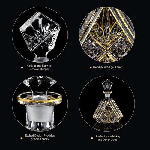 Hand-painted Gold Decanter Set for Men - Whiskey Decanter, Wine Aerator, and 2 Glasses, Liquor Bottles, Bourbon and Tequila Decanter,crystal decanter and 2 old fashioned glass