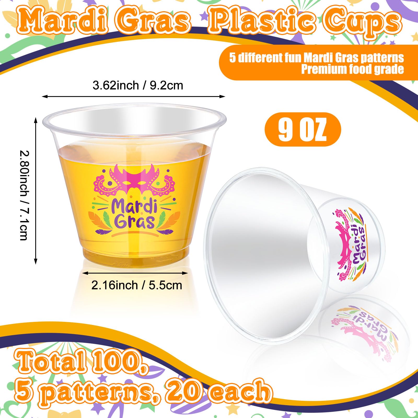 Uiifan 100 Pcs Mardi Gras Cups Bulk 9oz Disposable Plastic Mardi Gras Drinking Cups Carnival Clear Cups Mardi Gras Carnival Party Supplies Suitable for Wine Coffee Tea Juice Soda Beer Beverages