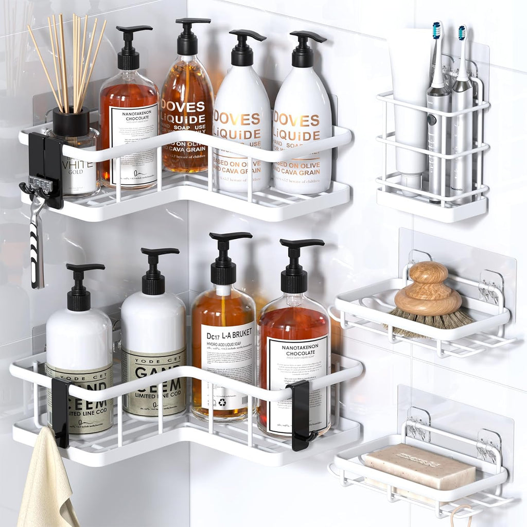 YASONIC Corner Shower Caddy - 5-Pack Adhesive Rustproof Stainless Steel Organizer | No-Drill Design, White