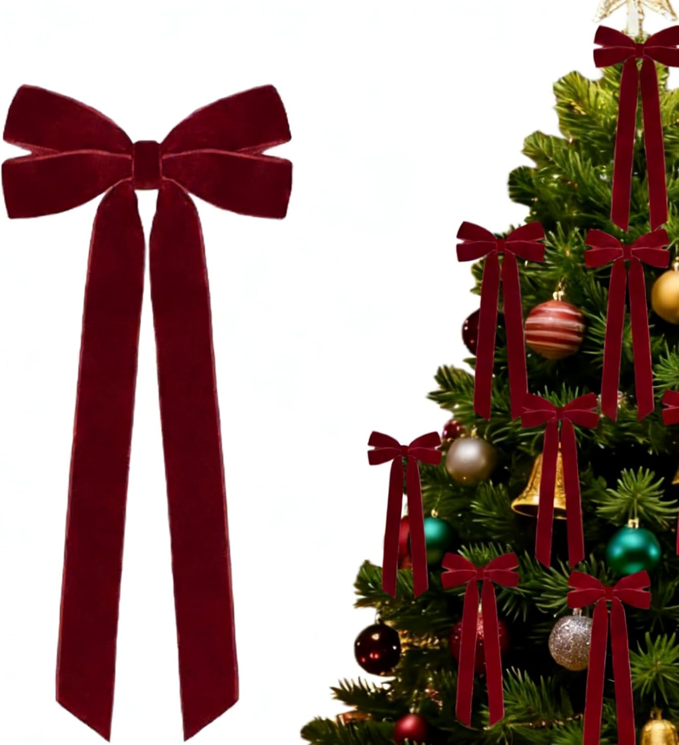 Skiennix 12PCS Velvet Ribbon Bows - Vintage Rustic Christmas Tree Decorations | 5" x 8.7" Burgundy