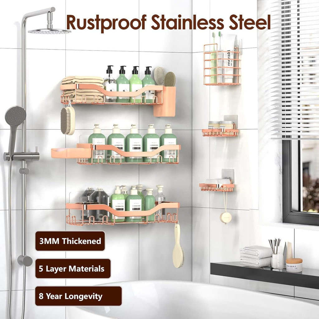 NESOMI Shower Caddy - Rustproof Stainless Steel Organizer with Soap Dish & Hooks | 8-Pack, No-Drill Storage