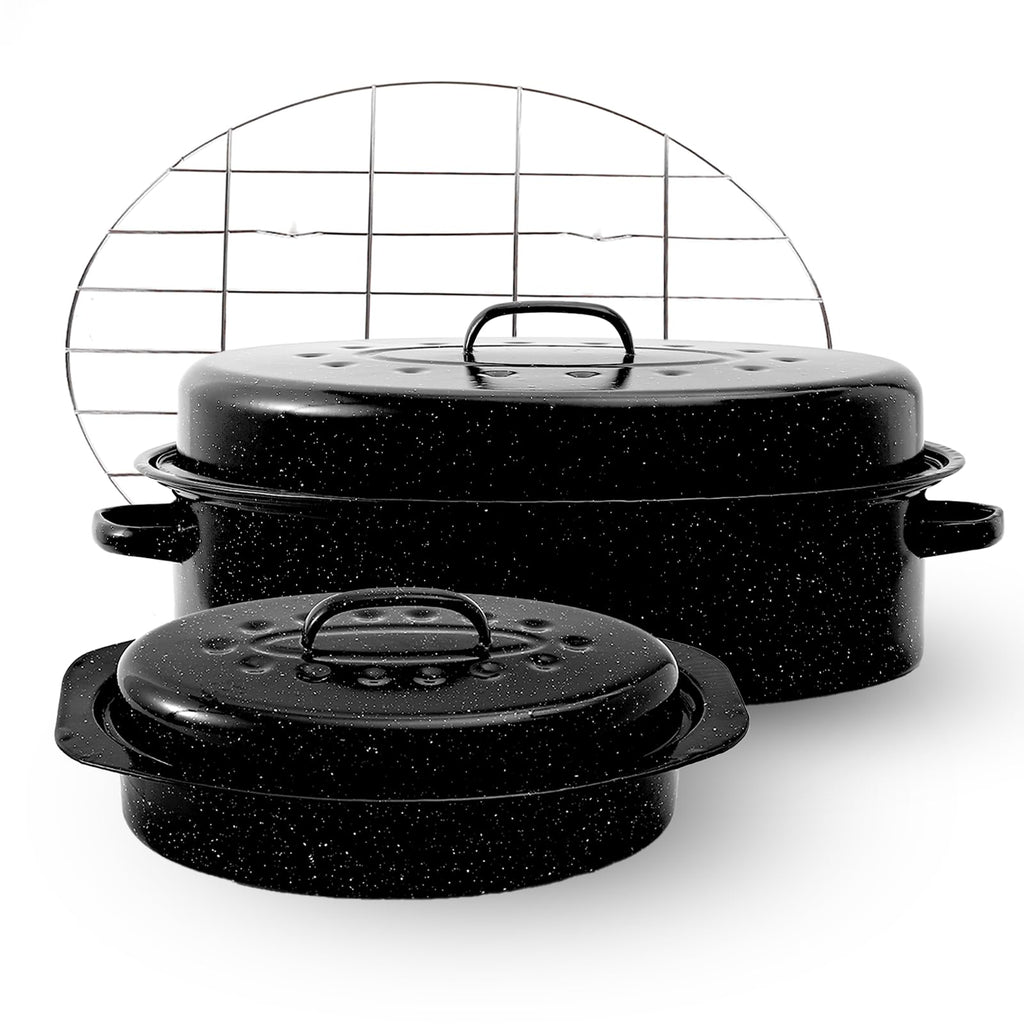 Enamel Roaster Pan With Lid and Rack Set 13"19"Granite Roasting Pans, Oval Large Turkey Baking Pan Suitable for Cooking 20lb Poultry and Beef High Temperature Resistance Oven Cookware