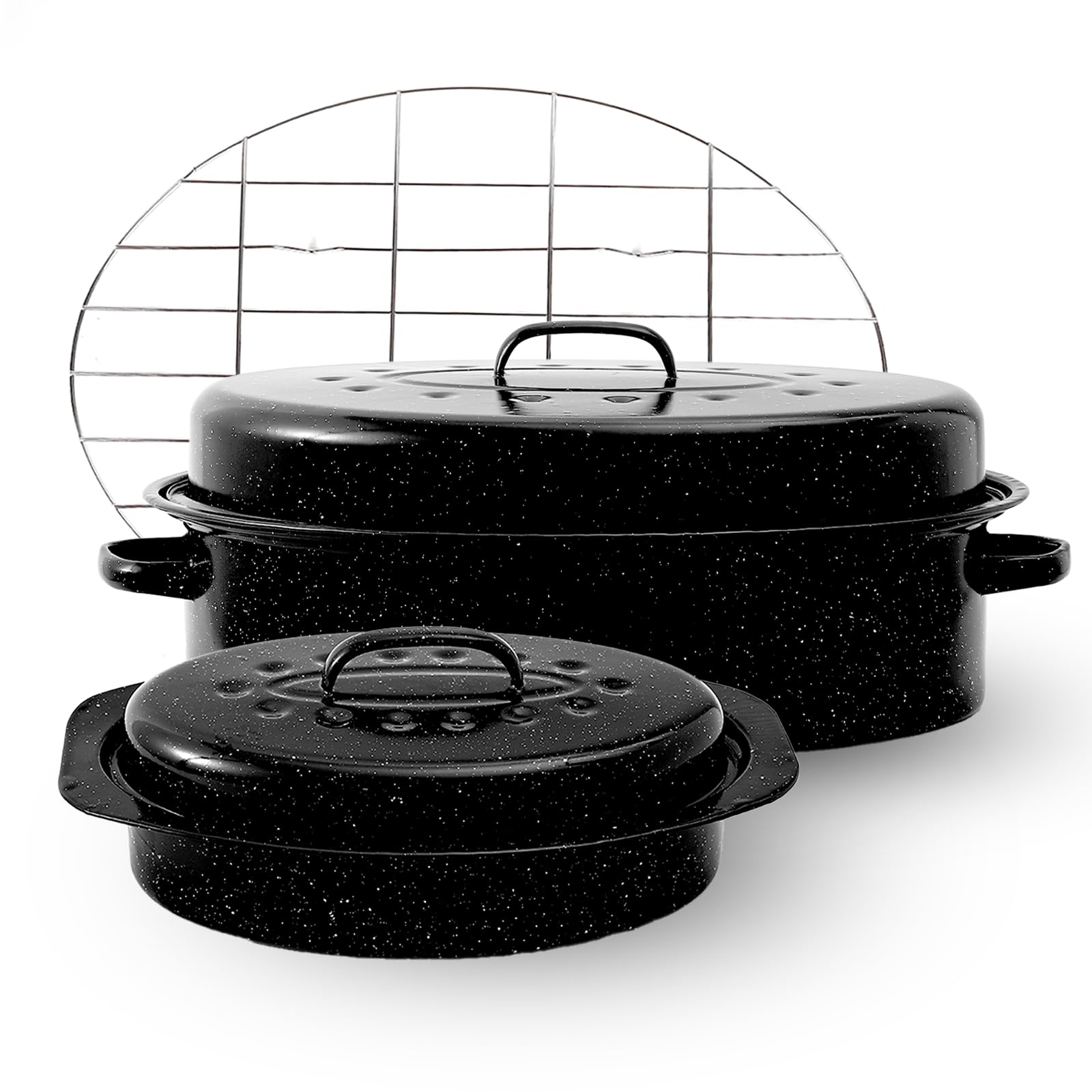 Enamel Roaster Pan With Lid and Rack Set 13"19"Granite Roasting Pans, Oval Large Turkey Baking Pan Suitable for Cooking 20lb Poultry and Beef High Temperature Resistance Oven Cookware