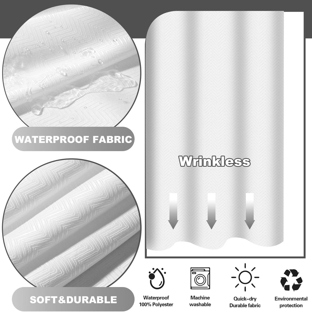 SSCRCUSLY No Hook Shower Curtain with Snap in Fabric Liner Set, White Chevron Hotel Style Bathroom Curtain, Washable and Water Repellent, 71x74 Inches