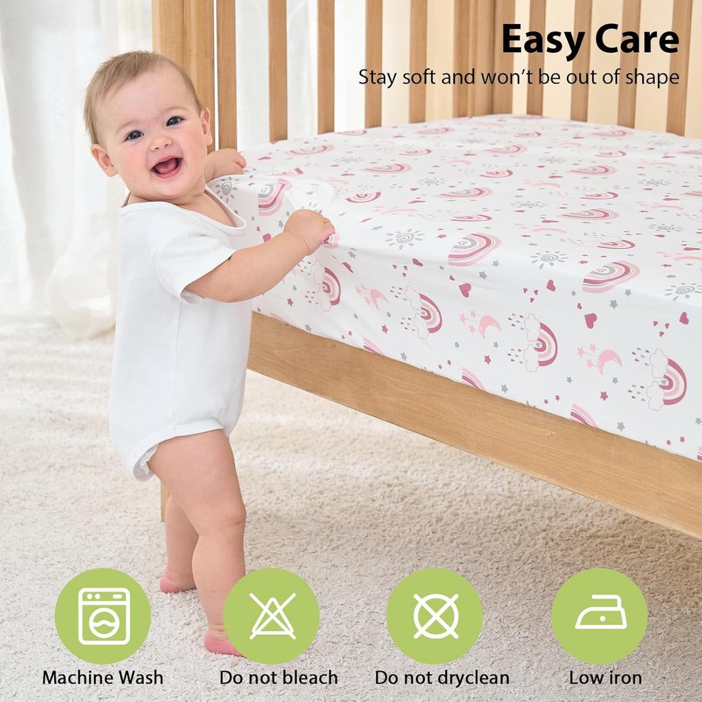 Skiennix Baby Crib Sheets - 3 Pack Fitted Toddler Bed Sheets, Super Soft Microfiber, Pink Rainbow | 52”x28”