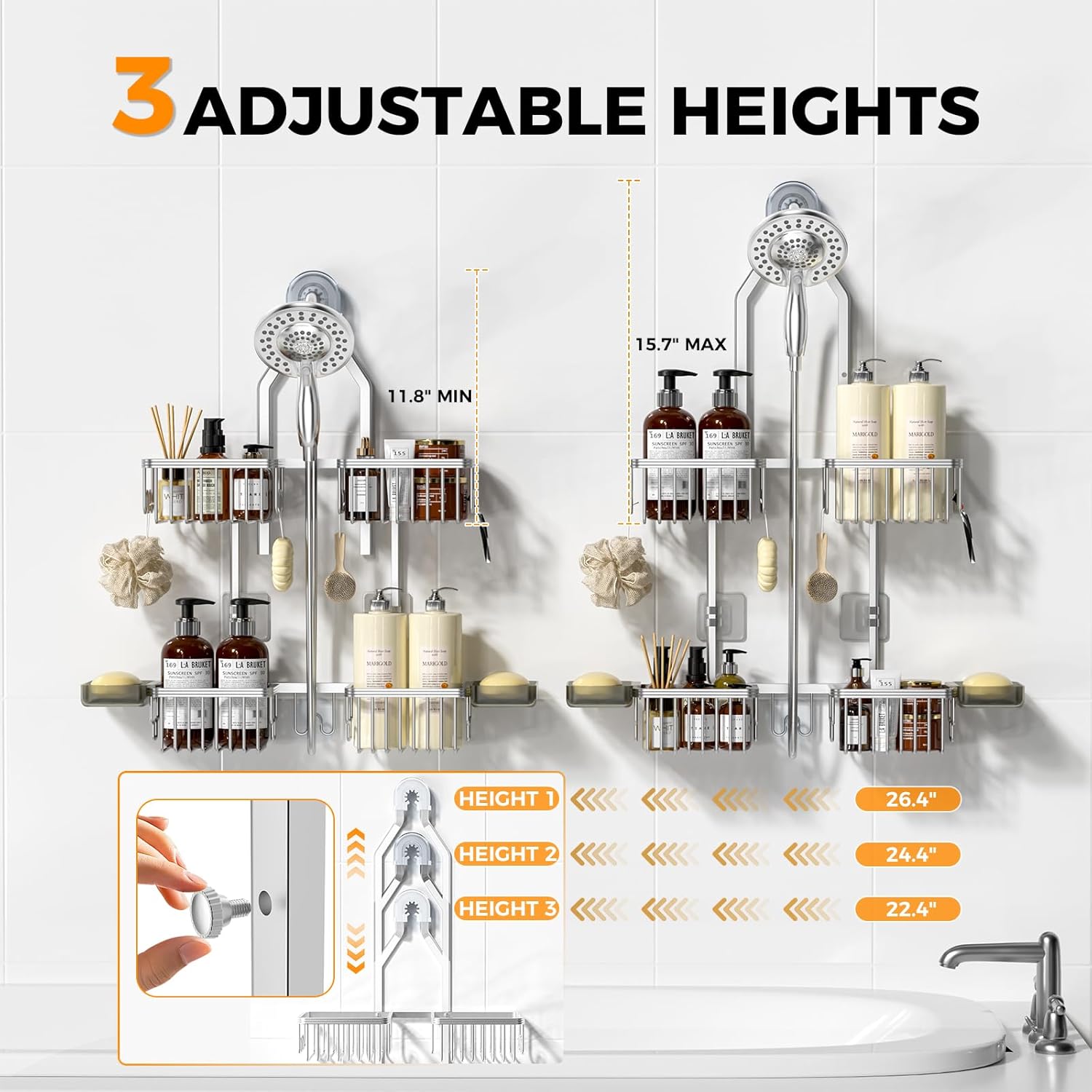 Reinhardt Aluminum Shower Caddy - Rustproof Adjustable Hanging Organizer with Hooks | Silver Finish