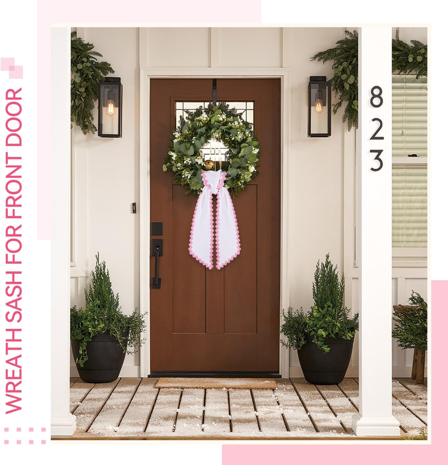 Skiennix Scalloped Wreath Sash - Elegant Ruffle Ribbon Bow for Front Door Decor | White & Pink Set of 2