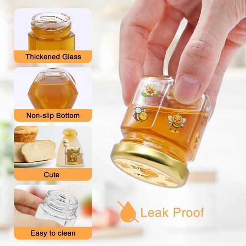 BGraceyy 144Pcs 1.5 oz Mini Hexagon Glass Honey Jars with Dippers, Gold Lids, Bee Stickers, Bee Charms, Gift Bags & Jute–Empty Small Honey Jars for Party Favors Bulk, Ideal for Baby Showers ＆ Weddings
