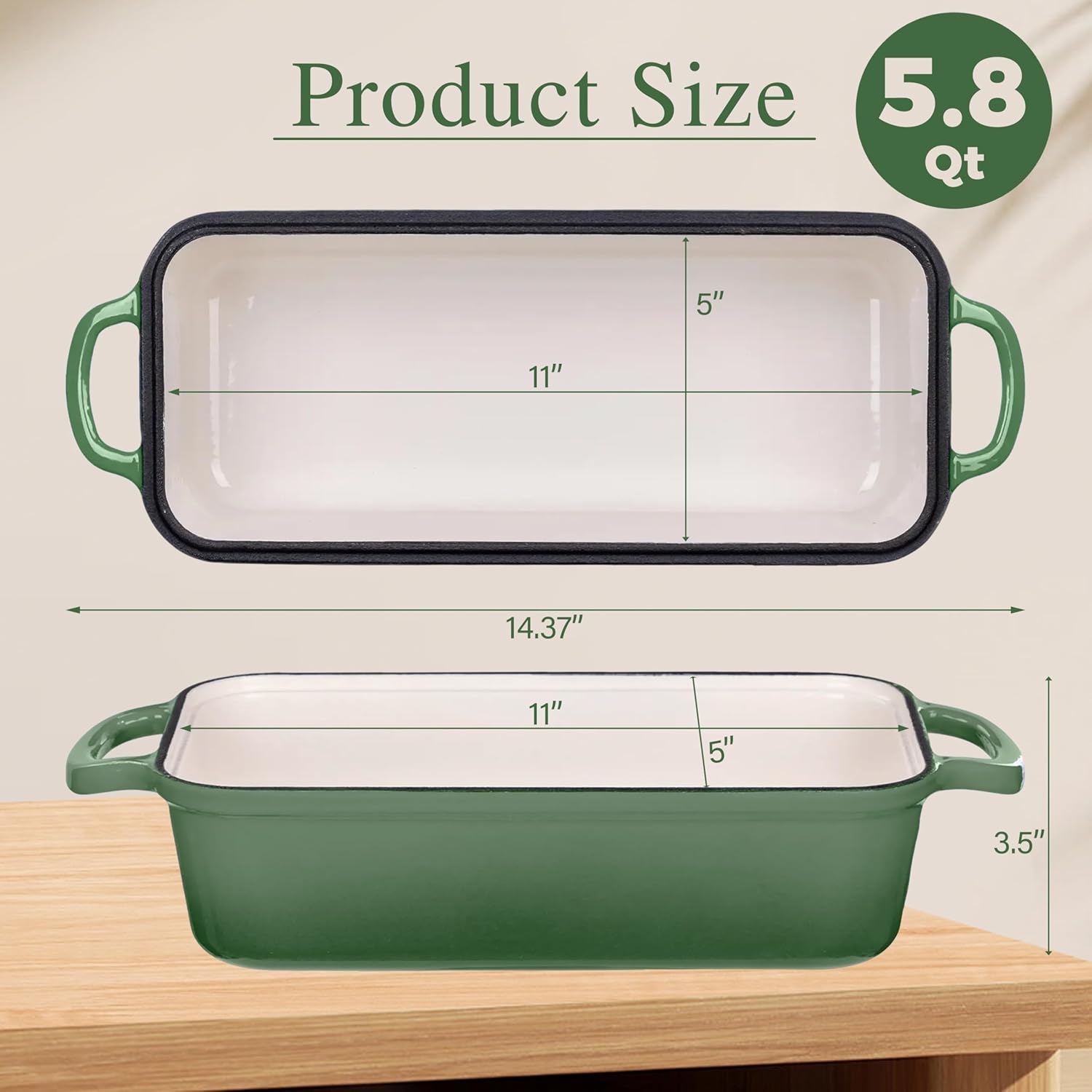 Skiennix Cast Iron Bread Pan - 11x5 Inch Sourdough Baking Pan with Lid | Even Heat Distribution, 5.8Qt, Pistachio