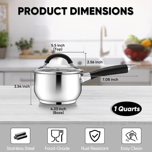 E-far Stainless Steel Sauce Pan - 1 Quart Tri-Ply Design with Stay-Cool Handle | Dishwasher Safe, Non-Toxic
