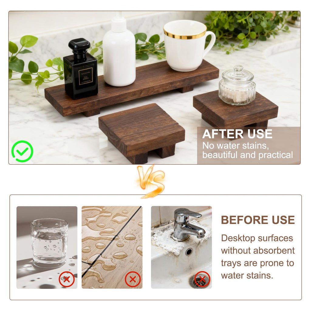 ColoBrethy 3-Piece Waterproof Pine Wood Riser Set Rustic Farmhouse Countertop Organizer for Bathroom Vanity, Perfume, Skincare & Kitchen Spices includes 1 Large (8.7") & 2 Small (3.6") Display Stands