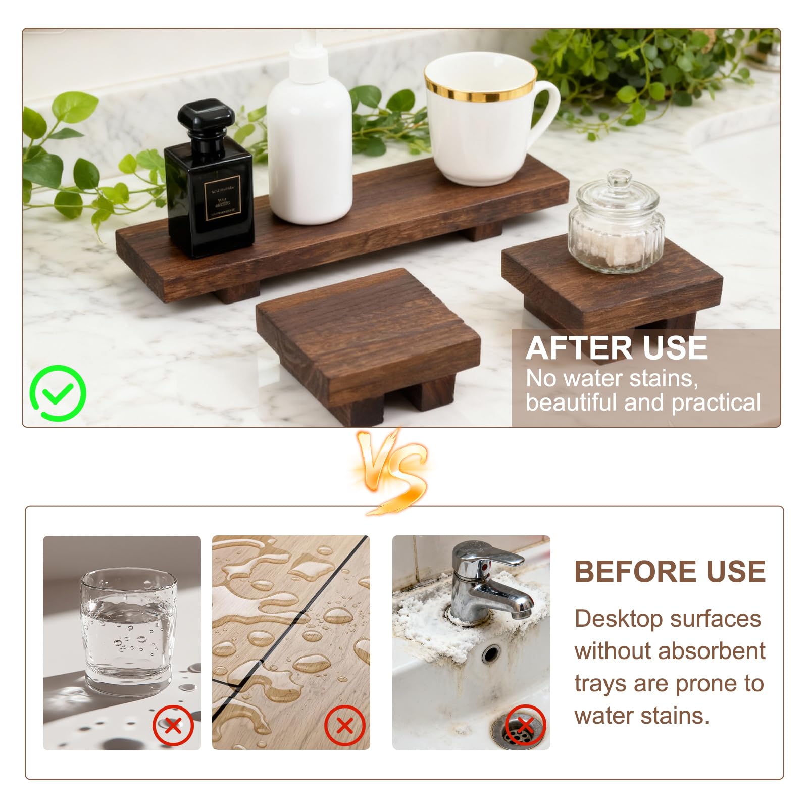 ColoBrethy 3-Piece Waterproof Pine Wood Riser Set Rustic Farmhouse Countertop Organizer for Bathroom Vanity, Perfume, Skincare & Kitchen Spices includes 1 Large (8.7") & 2 Small (3.6") Display Stands