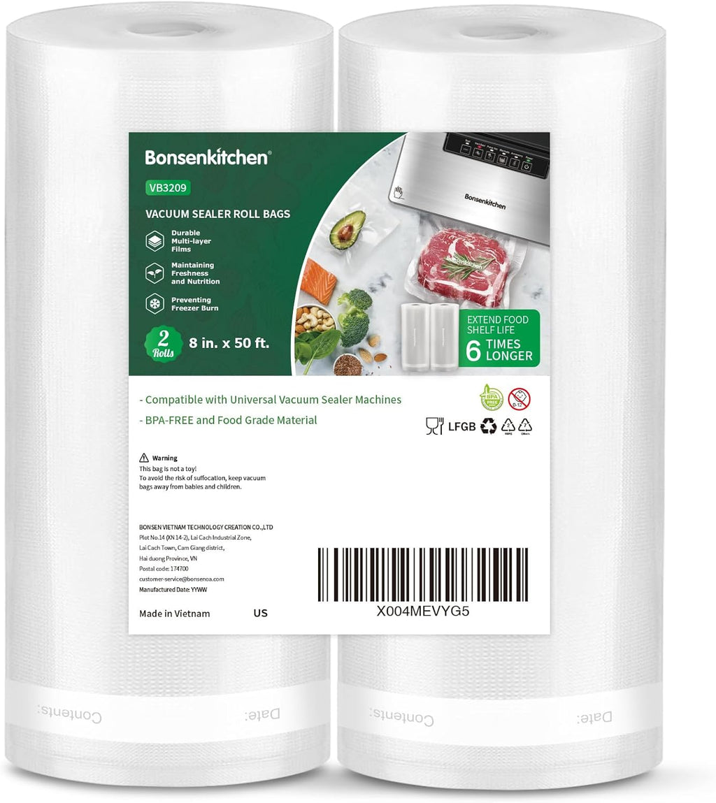 Bonsenkitchen Vacuum Sealer Bags - Heavy Duty 8" x 50' Rolls | BPA-Free Food Storage & Sous Vide Cooking