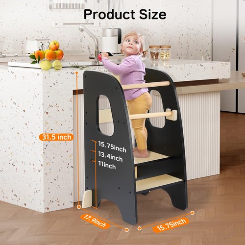 Ezebaby Toddler Kitchen Stool Helper, Standing Tower for 1.5-6 Year Olds, Rounded Edge Design & Anti-Tip Base, Removable Rail Kitchen Step Stool-Black