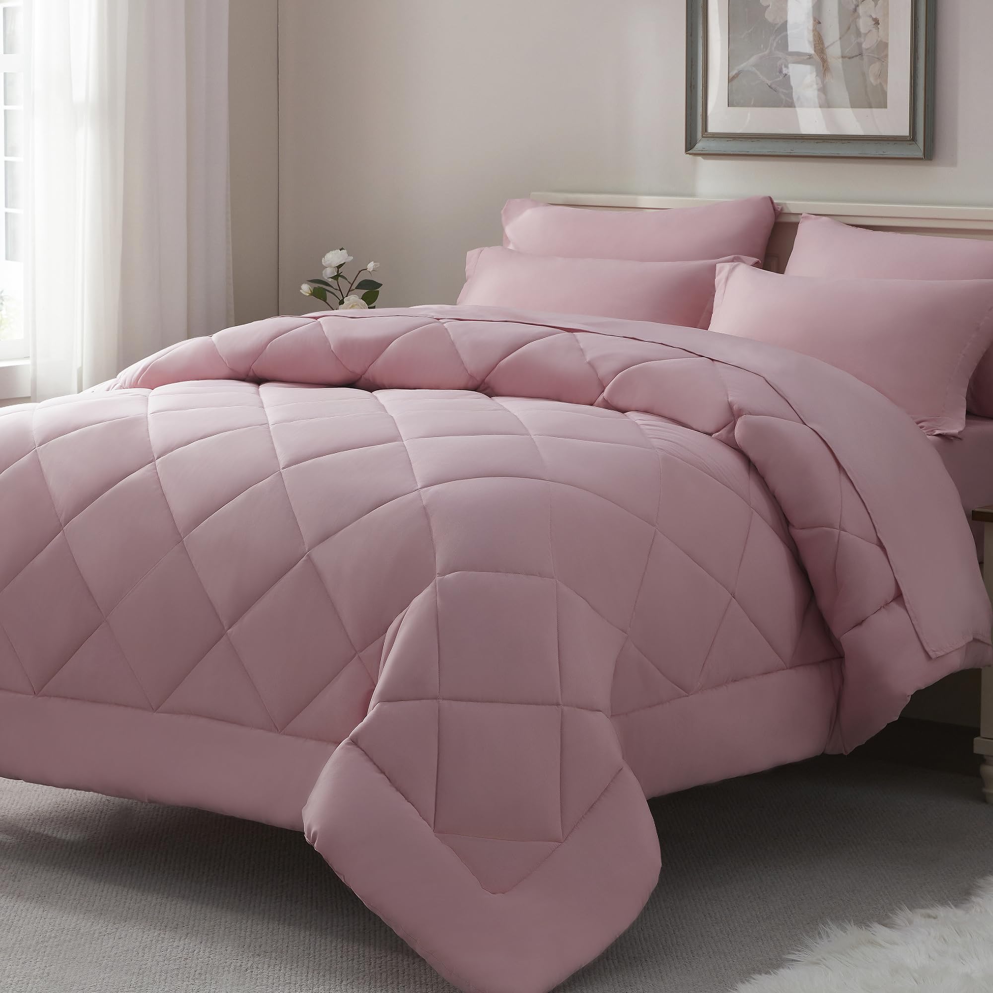 ELNIDO QUEEN® Queen Comforter Set - 7 Pieces Bed in a Bag Queen Size, Bed Set for All Seasons, Blush Pink Ultra Soft Bedding Sets with Comforter, Flat Sheet, Fitted Sheet, Pillowcases and Pillow Shams