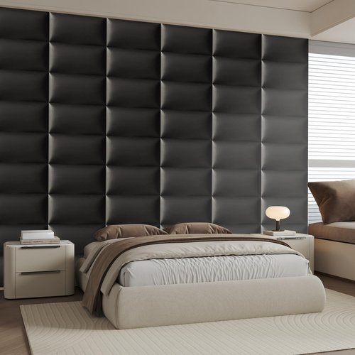 MAQQL Black Stick-On Wall Mounted Headboard - 6-Piece Modular Bed Backboard for Queen Size Beds, 24 x 12 Inches Each, Easy-to-Install, Sound-Proofing, and Decorative Bed Headboard for Modern Bedrooms