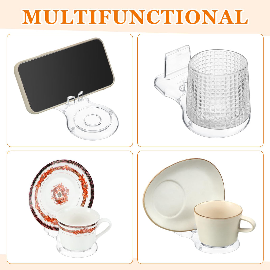 RattanView 16 pack Acrylic China Dinnerware Display Stand 8 Pcs 3 Tiers Clear Plate Dish Platters Setting Holder and 8 Pcs Tea Cup Saucer Stand for Kitchenware Tableware Display Organizer