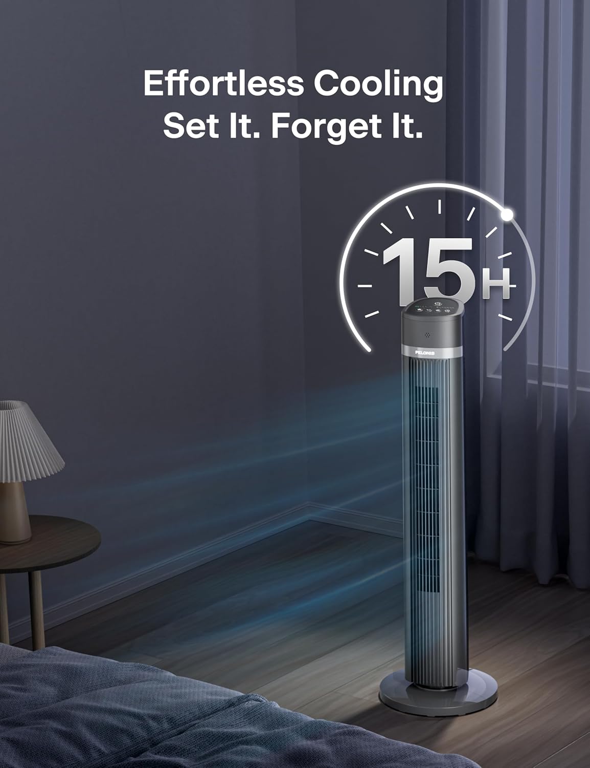 Pelonis 40-Inch Bladeless Tower Fan - Quiet 3-Speed Remote Control, 90° Oscillation, Black
