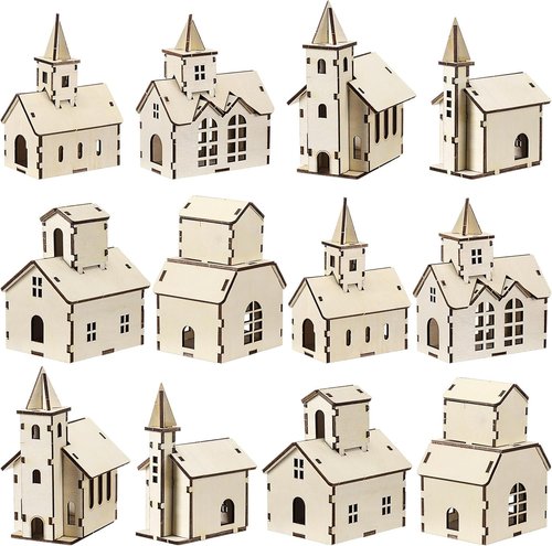 Hiboom 24 Pcs DIY Christmas Village Set - Rustic Wooden Houses & Church for Winter Decor