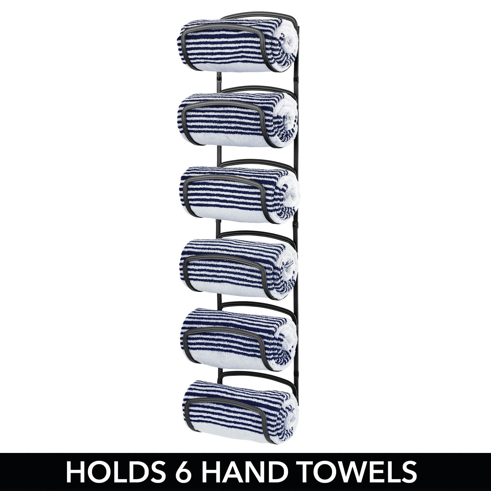 mDesign Steel Towel Holder for Bathroom Wall - Wall Mounted Organizer for Rolled Bath Towels - Six Level Wall Mount Towel Storage Rack - Bathroom Towel Organizer - Hyde Collection - Graphite Gray