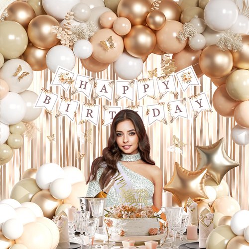 Beige Cream and Neutral Boho Birthday Party Decorations with Happy Birthday Banner, Beige Apricot Champagne Gold Balloons, Sash, Fringe Curtain, Cake Topper, Butterfly for Women Girls Party Supplies