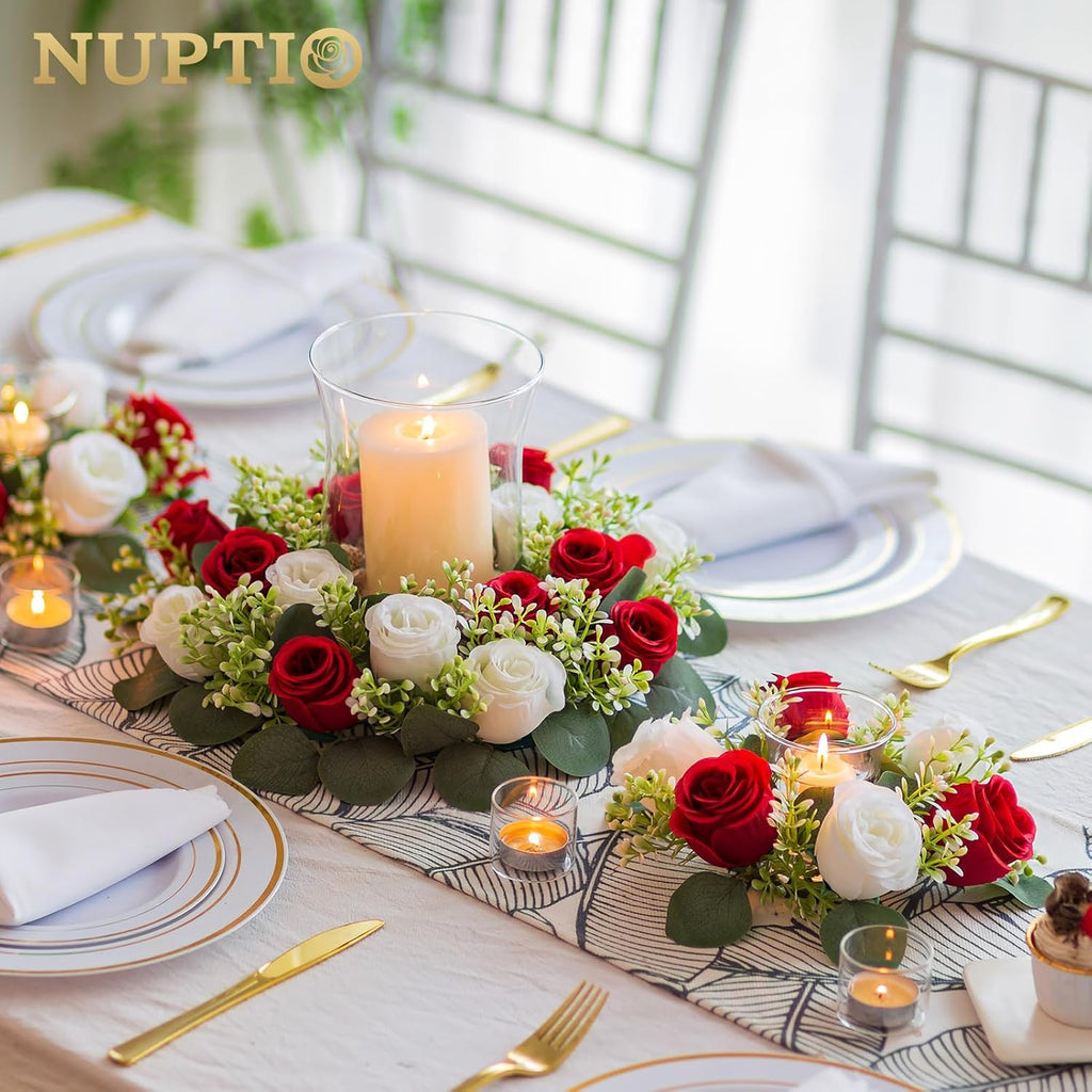 NUPTIO Candle Rings - 13.4 Inch Crimson & White Flower Rose Wreaths for Weddings & Christmas Decor | 2 Pcs