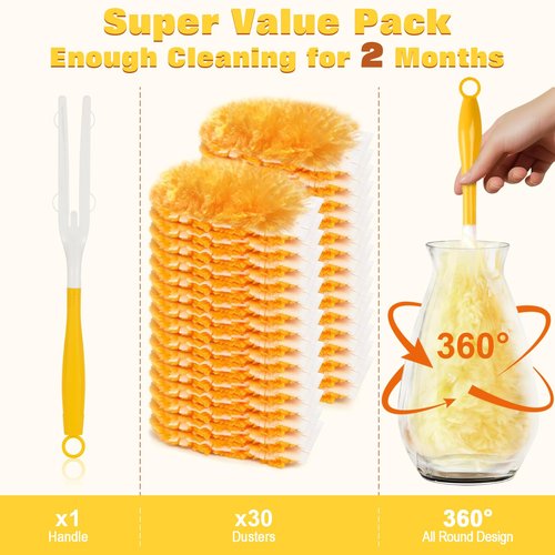 360° Heavy Duty Duster Refills for Swiffer Duster,30 Pack & 1Handle 4X Faster Electrostatic Deep Duster Kit for Cleaning, Pet Hair, Blinds & Car Vents,Lasts 2+ Months, Eco-Friendly & Gift-Ready
