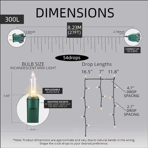 LAMPHOME 27 FT 300 Clear Icicle Lights - Green Wire, Indoor/Outdoor Christmas Light