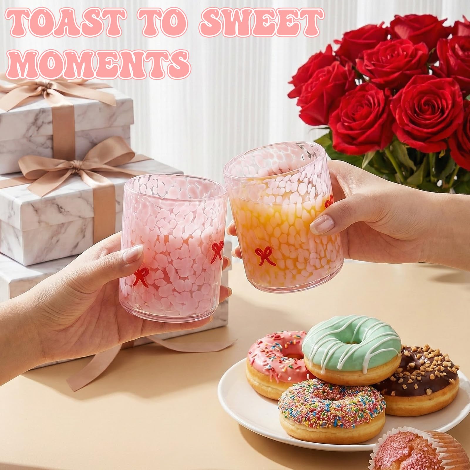 Ovveroche 2 Pcs Pink Bow Icon Juice Glass 14 oz Bow Reusable Stemless Icon Drinking Glasses Cups for Birthday Wedding Party Supplies Gift