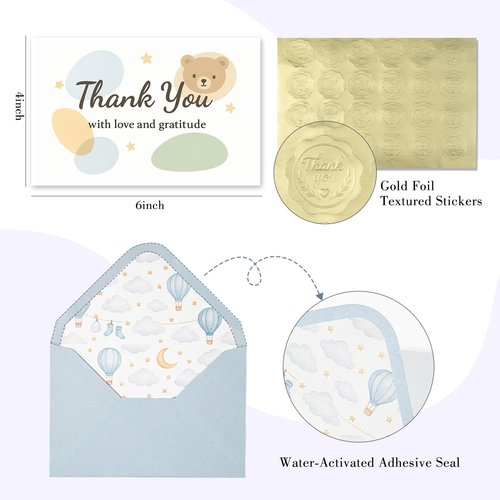C2U Baby Shower Thank You Cards for Boy - 24 Pack with Envelopes & Gold Stickers,Baby Shower Greeting Cards Bulk for Newborn Party