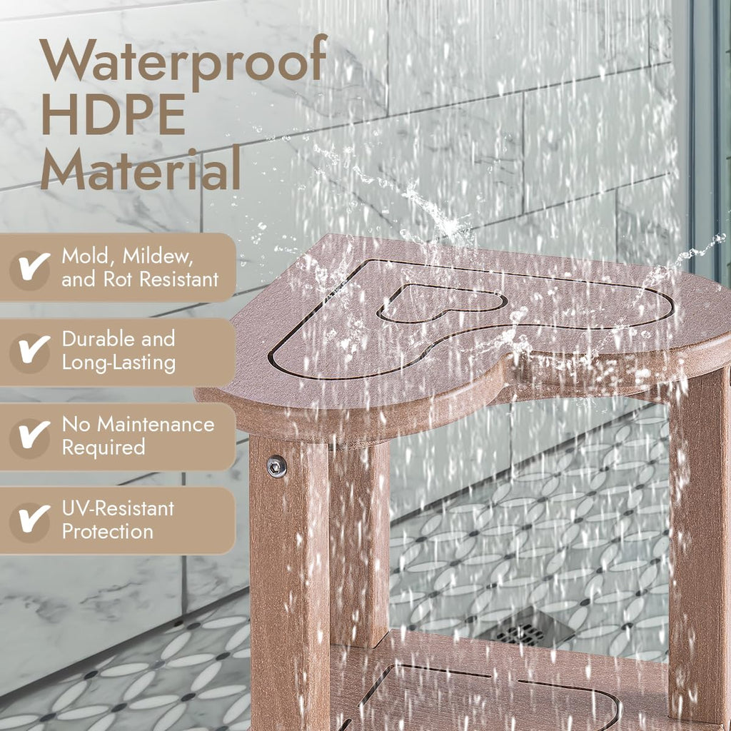 Corner Shower Stool for Inside Shower - Waterproof Corner Shower Bench, HDPE Plastic Bathroom Bench, Adjustable Height Corner Chair for Shaving Legs,Storage Shelf,Non-Slip Feet，White
