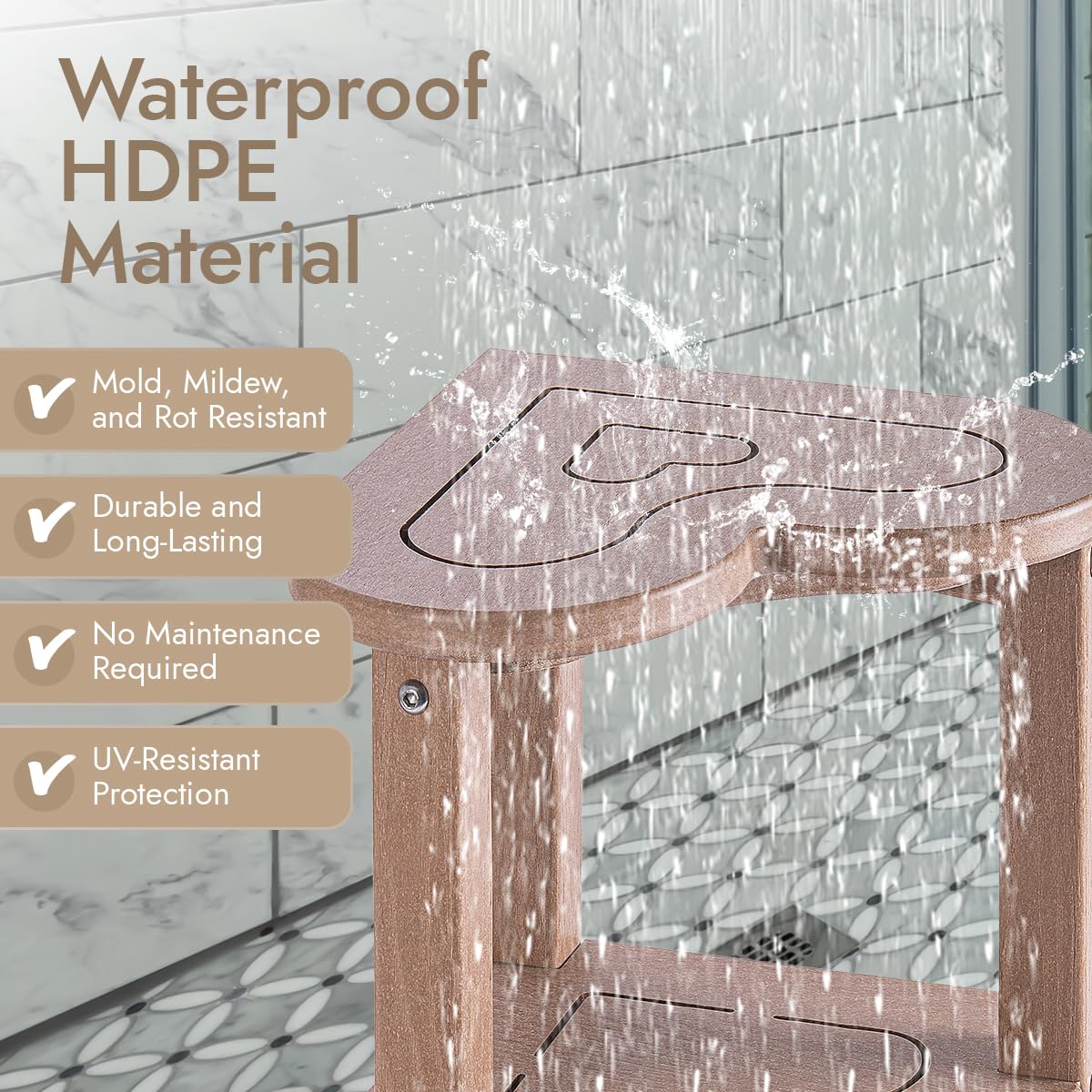 Corner Shower Stool for Inside Shower - Waterproof Corner Shower Bench, HDPE Plastic Bathroom Bench, Adjustable Height Corner Chair for Shaving Legs,Storage Shelf,Non-Slip Feet，White