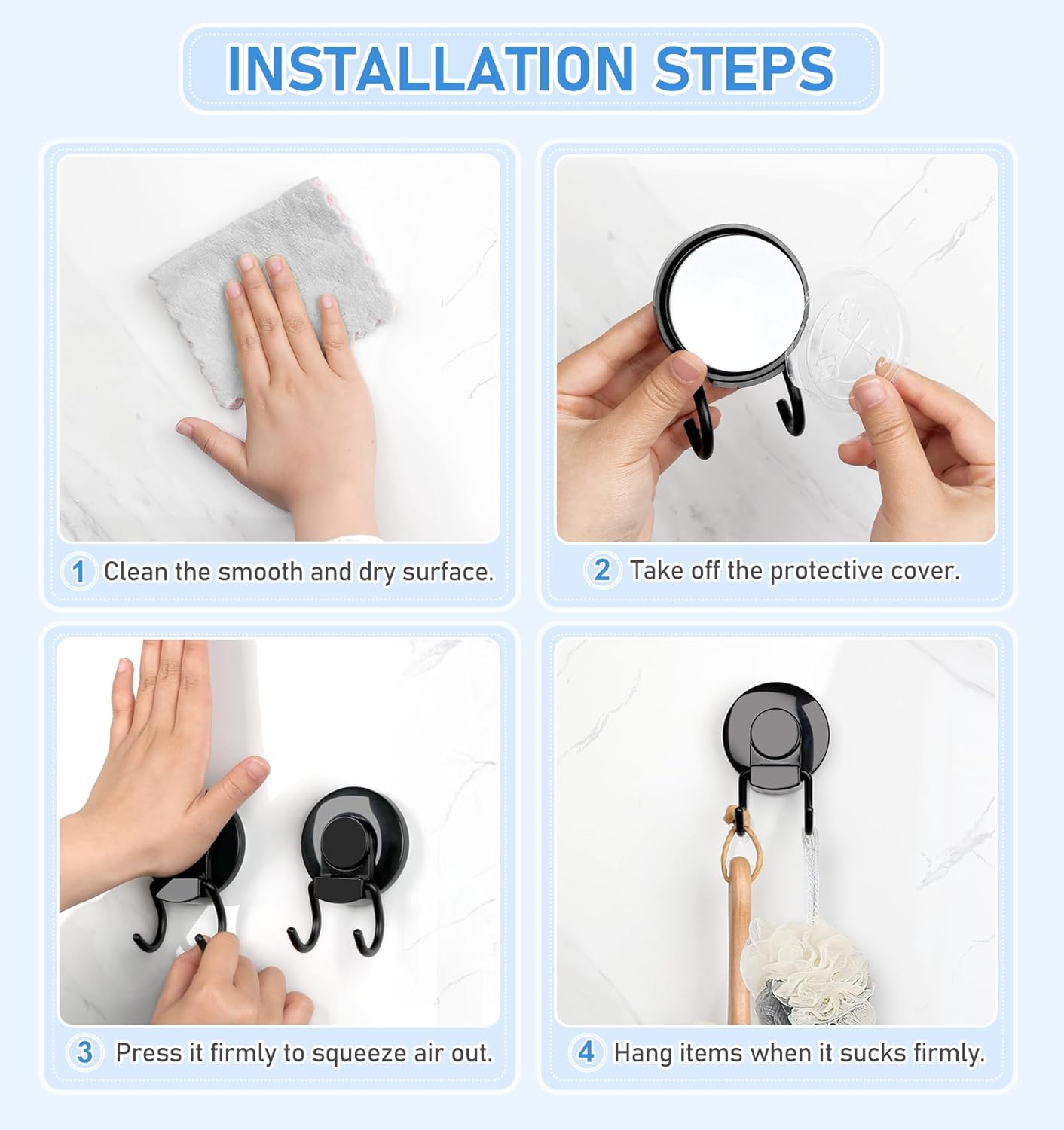 VIS'V Heavy Duty Shower Suction Cup Hooks - Removable & Reusable Double Hooks, Black (2 Pcs)