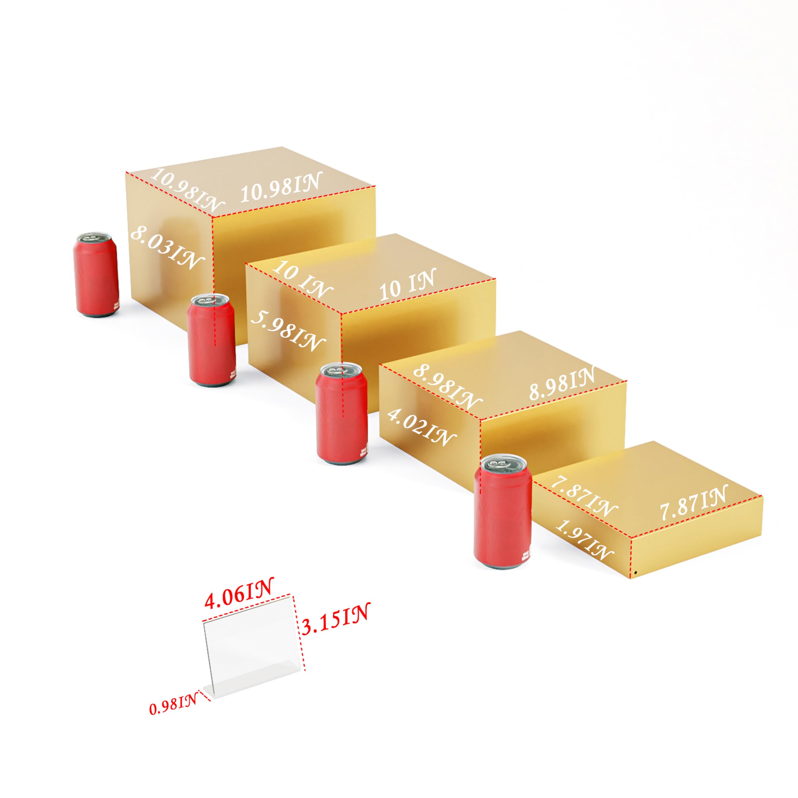 Metal Buffet Risers,4PCS OVERSIZED Food Risers for Buffet Table 8''X9''10''X11'' Display Stand with Mini Acrylic Signs for Catering Dessert Collectibles Jewelry Figures Show Gold Cube Boxes Nesting Risers with Hollow Bottoms