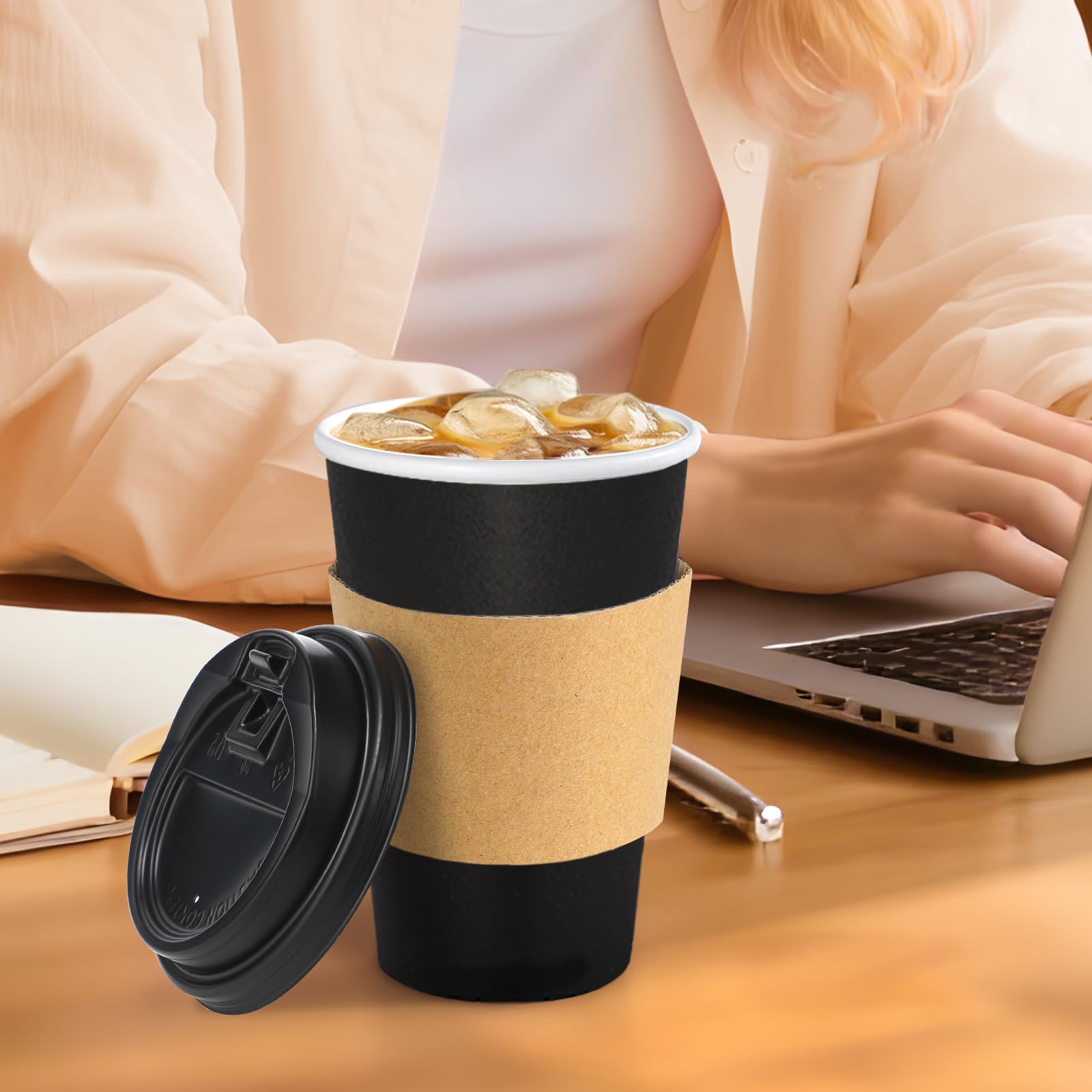 Lamosi 500 Pack 16 oz Disposable Coffee Cups with Lids and Sleeves, Black Leak-Proof To Go Coffee Cups with Lids, Hot/Cold Beverage Black Drinking Cup for Home, Office, Parties, Travel