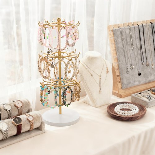 Mkono Bracelet Holder Gold Metal Rotating Bracelet Display Stand 3 Tier Jewelry Tower rack with 36 Hooks and Wood Base Modern Adjustable Storage Organizer Tree for Selling KeyChain Bangle Accessories
