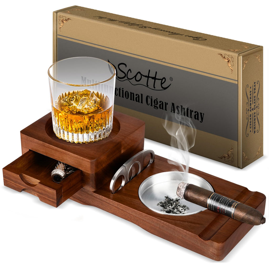 Scotte Ashtray Coaster Whiskey Glass Tray & Wooden Ash Tray with Cigar Cutter, Includes Drawer and Cigar Slot - Great for Home, Office or Outdoor Use (Deep Brown)
