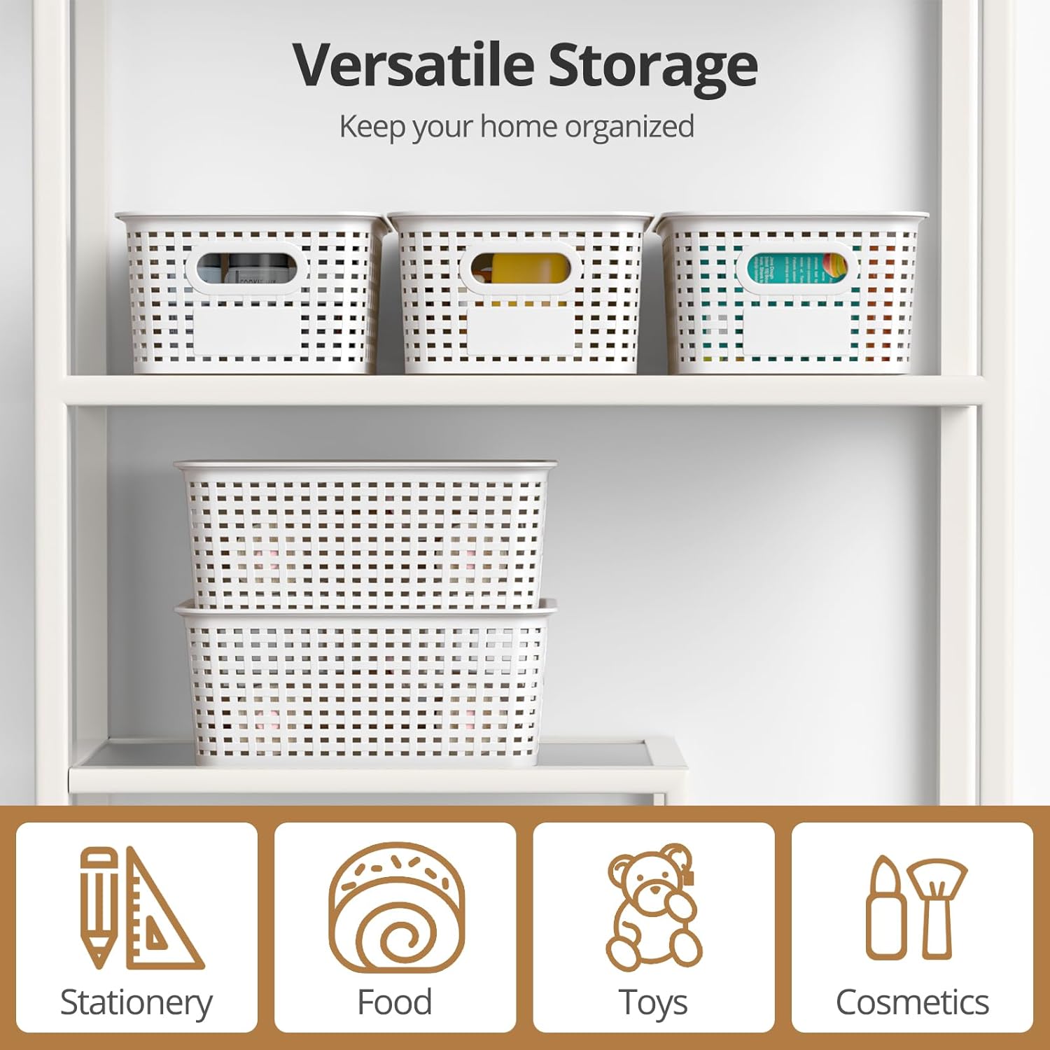 Plastic Storage Basket with Lid - Stackable Organizing Bins for Home & Office | 10.2x7.2x4.1 Inch, White, 8 Pack