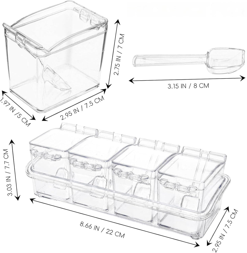 Qulfimea Clear Seasoning Box, 4 Pieces Acrylic Seasoning Rack Spice Jars with Spoons,Storage Container Condiment Jars - Cruet with Cover