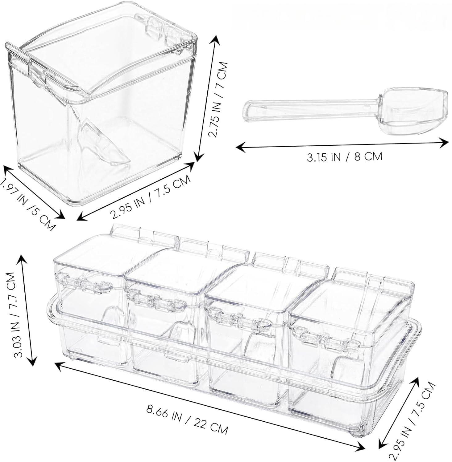 Qulfimea Clear Seasoning Box, 4 Pieces Acrylic Seasoning Rack Spice Jars with Spoons,Storage Container Condiment Jars - Cruet with Cover