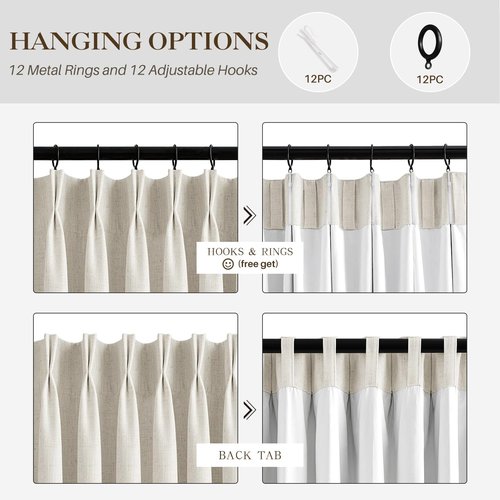 IVAPUPU Natural Pinch Pleated 100% Blackout Linen Curtains 90 Inch Length for Bedroom, Black Out Pinch Pleat Curtains for Living Dining Room Darkening Thermal Insulated Drapes with 16 Hooks, 2 Panels