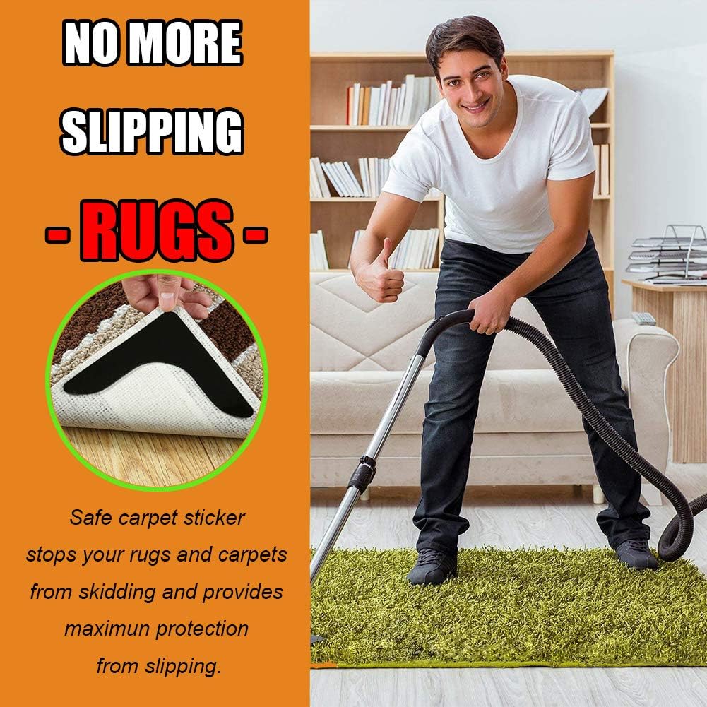 Rug Grippers by Super Stickiness | Non-Slip Carpet Tape for Flat Corners - 8pcs Black