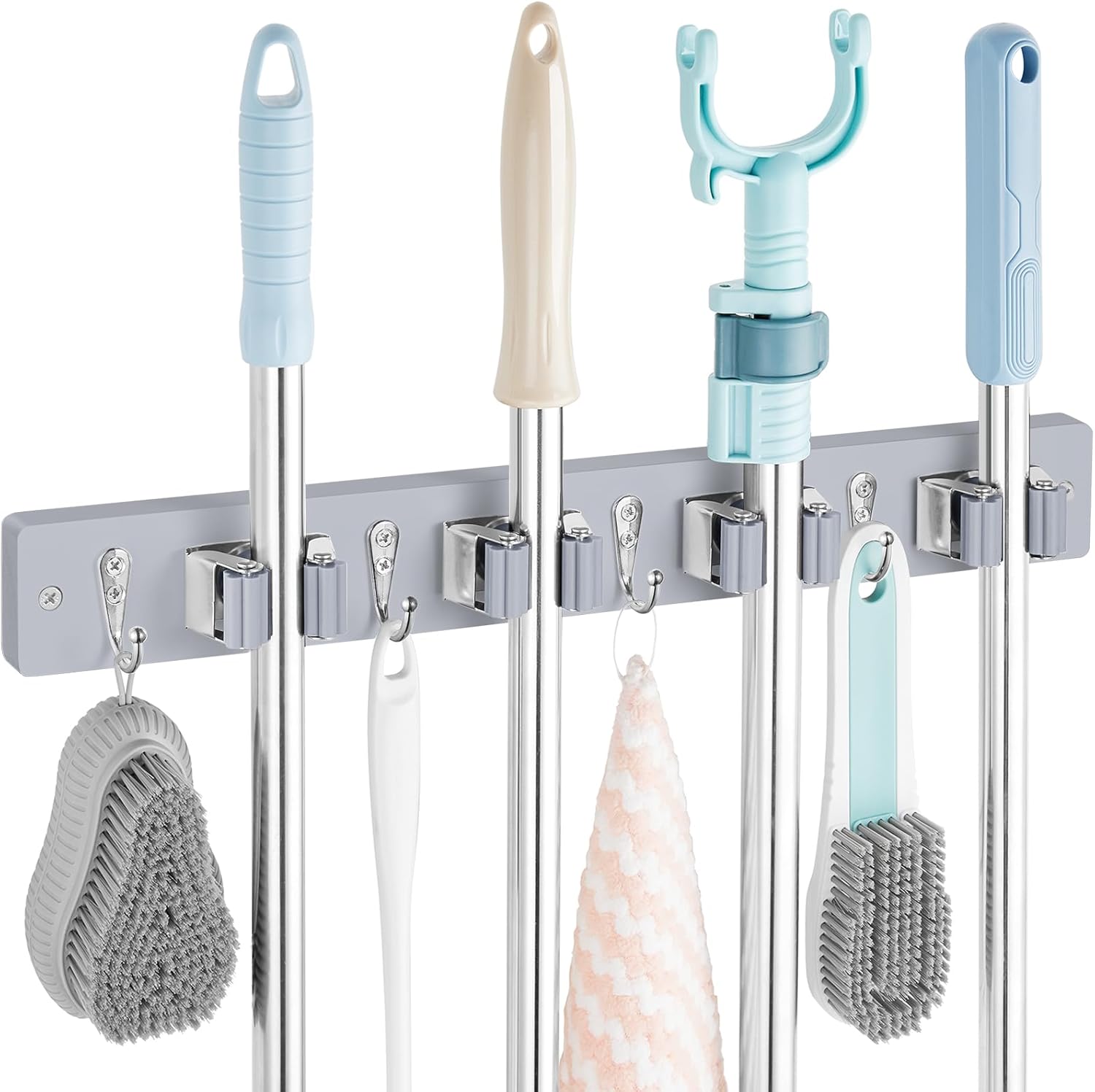 OUTNILI Gray Mop Broom Holder - Heavy-Duty Wall Mount Organizer with 4 Slots & Hooks for Laundry Room