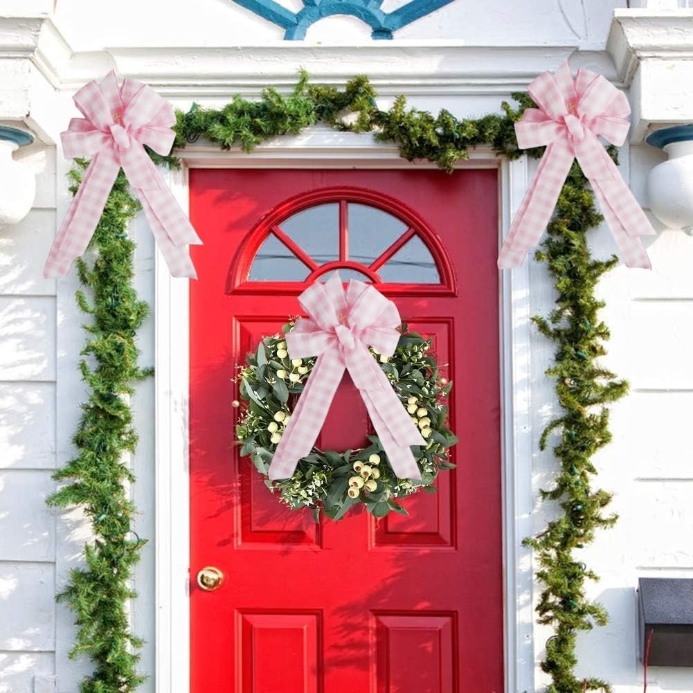 Meseey Large Burlap Bow | Pink and White Plaid Design | 20 x 10 Inch Spring Wreaths & Decorations