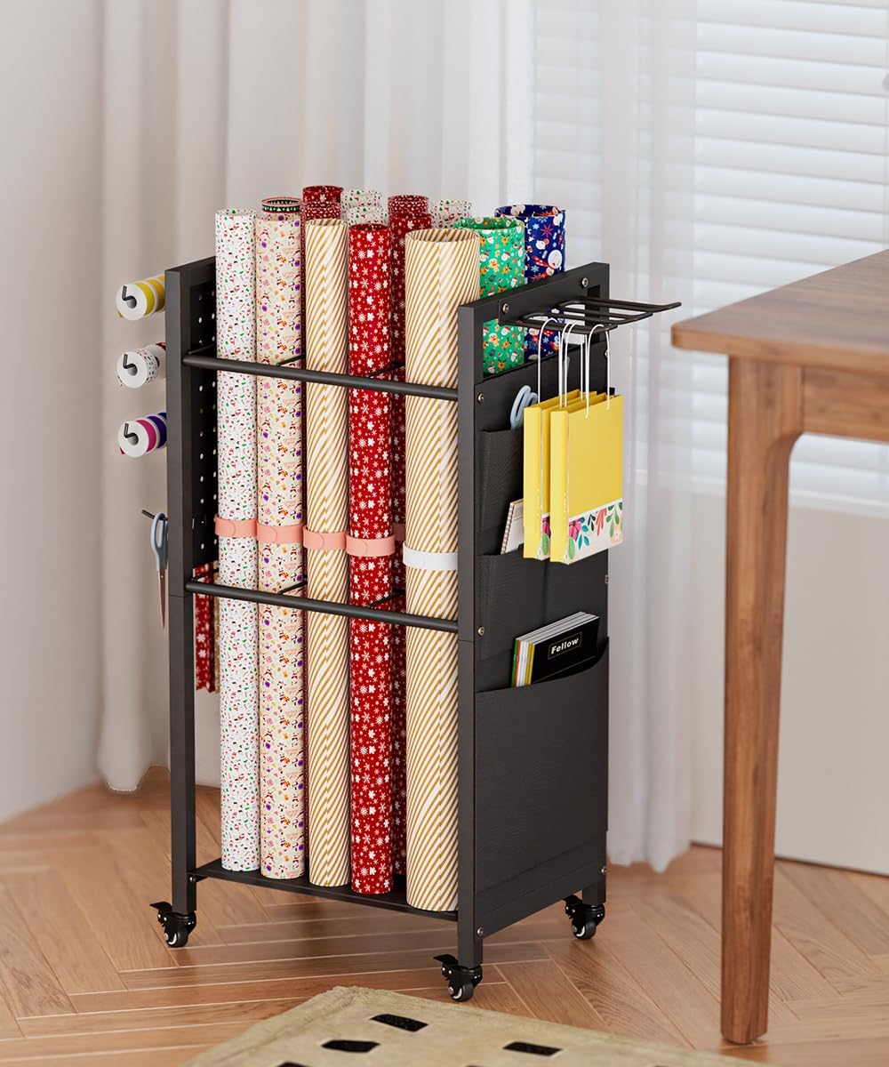 Skiennix Wrapping Paper Storage Organizer - Rolling Gift Wrap Station with Ribbon & Bag Storage | Black