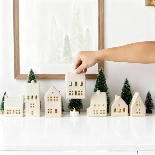 Christmas Village Set - 7 White Ceramic Houses with Remote LED Tea Lights & 8 Mini Trees | Farmhouse Holiday Decor