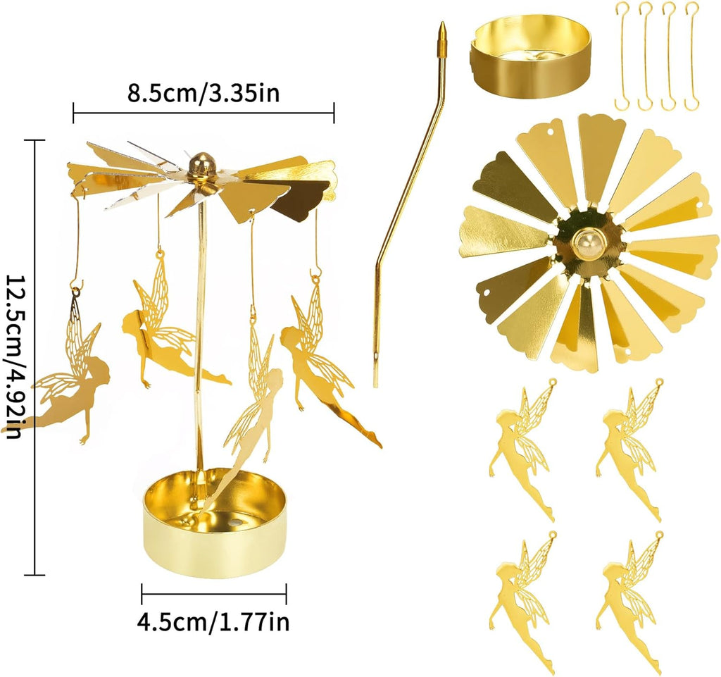 Skiennix Spinning Candle Holder - Gold Fairy Carousel Design | Rotating Metal Tea Light Centerpiece