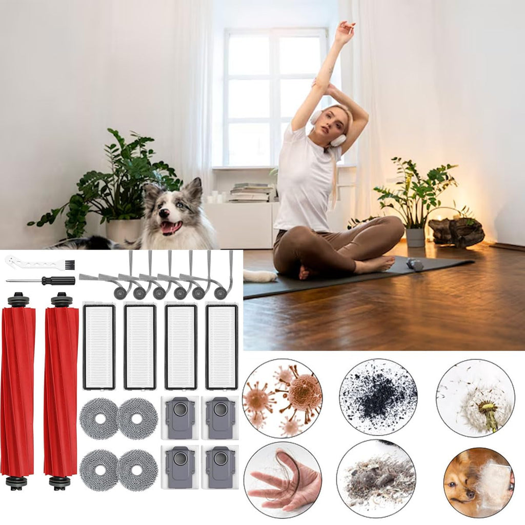 Roborock Accessories Replacement Kit Compatible with QV 35A 35S Qrevo S Pro Robot Vacuum Cleaner, 2 Main Brush Roller, 4 Hepa Filters, 4 Mop Pads, 6 Side Brushes, 4 Dust Bags, 2 Tool